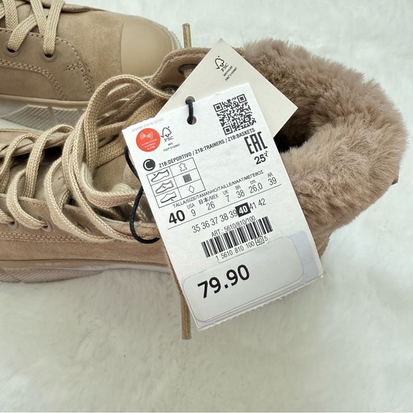 NEW Zara Sand Suede Leather Fur Lining High Top Sneakers Booties Brown Size 40 9